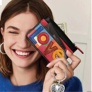 Brighton Love Patch Pebbled Leather Card Coin Case Applique Zip Wallet HTF New